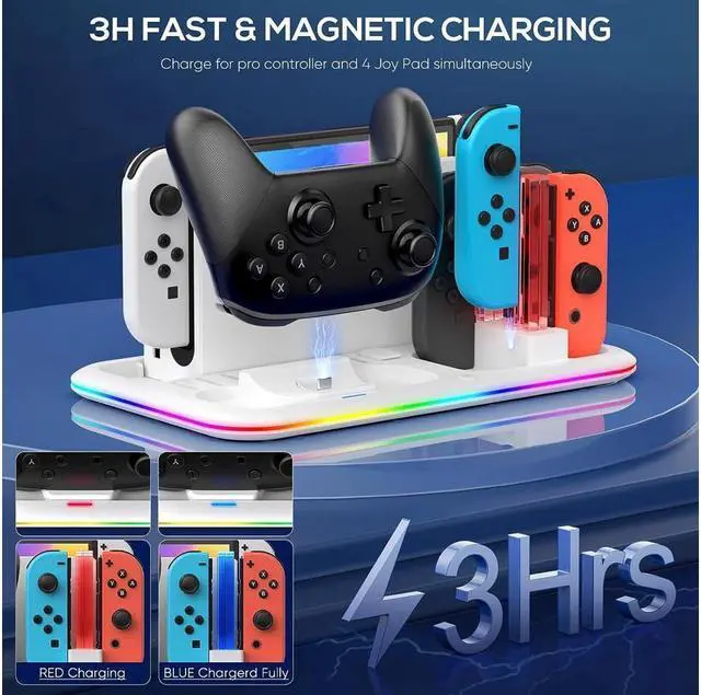 Alt view image 3 of 7 - RGB Switch Controller Charger Dock Station for Nintendo Switch & OLED Model Joycon, Charging Docking Station Stand for 4 Joy Cons and Switch Pro Controller with LED Charging Indicator & 8 Game Slots