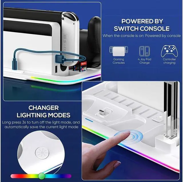 Alt view image 6 of 7 - RGB Switch Controller Charger Dock Station for Nintendo Switch & OLED Model Joycon, Charging Docking Station Stand for 4 Joy Cons and Switch Pro Controller with LED Charging Indicator & 8 Game Slots
