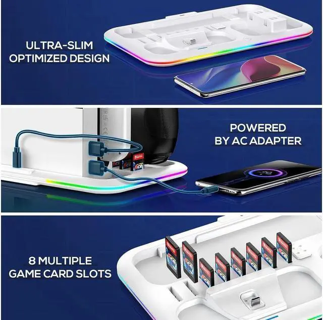 Alt view image 7 of 7 - RGB Switch Controller Charger Dock Station for Nintendo Switch & OLED Model Joycon, Charging Docking Station Stand for 4 Joy Cons and Switch Pro Controller with LED Charging Indicator & 8 Game Slots