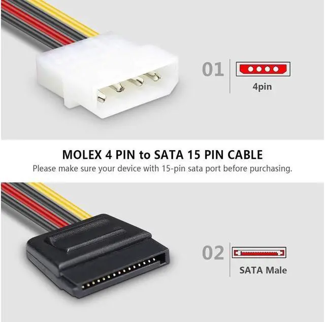 Alt view image 2 of 4 - SATA to Molex, 3 Pack 4 Pin Molex to SATA Power Cable - 8 Inches