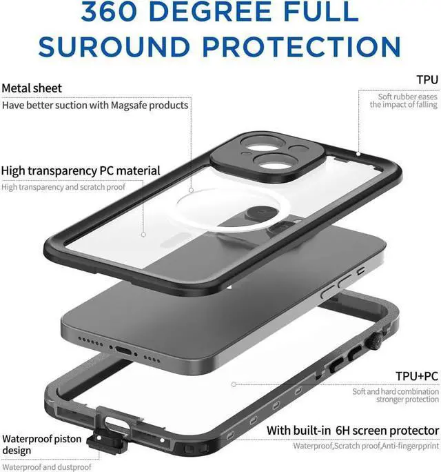 Alt view image 7 of 7 - BONAEVER for iPhone 14 Case Waterproof Compatible with Magsafe Magnetic Protective iPhone 14 Phone Case Water Proof Mag Safe Magnet Shockproof Clear with Screen Protector
