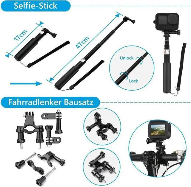 Alt view image 7 of 7 - BONAEVER Accessory Set Kit Bundle for GoPro Hero 12/11/10/9 Black Waterproof Protective Case Waterproof Housing Snorkelling Accessories Bicycle Mount Selfie Bar Head Strap for GoPro Hero 9 10 11 12