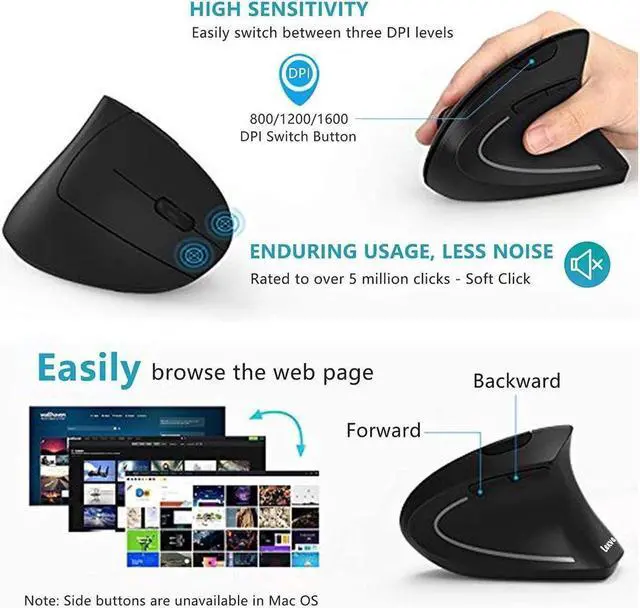 Alt view image 6 of 7 - BONAEVER Ergonomic Mouse Vertical Wireless Mouse - Rechargeable 2.4GHz Optical Vertical Mice : 3 Adjustable DPI 800/1200/1600 Levels 6 Buttons for Laptop PC Computer Desktop Notebook etc Black