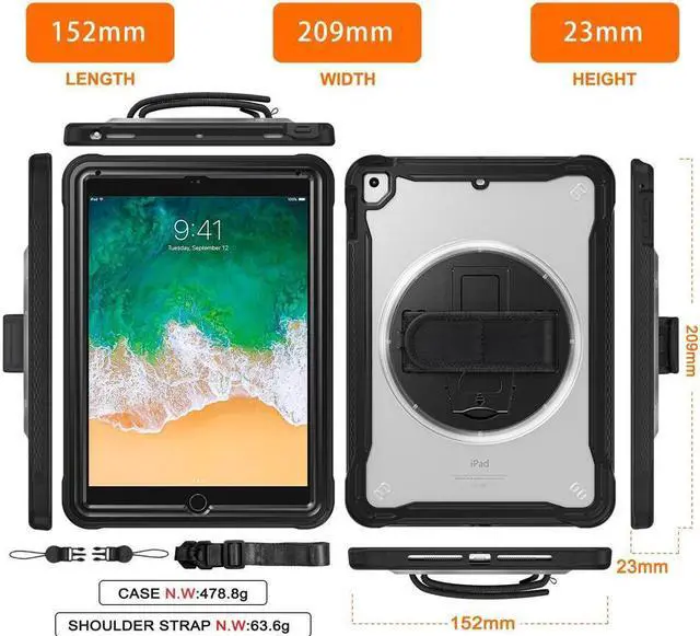 Alt view image 7 of 7 - BONAEVER Case For iPad 6th 5th Generation iPad 9.7 Inch 2018 2017 iPad Air 2 iPad Pro 9.7 Shcokproof Cover with Transparent Back Pencil Holder Rotating Stand and /Shoulder Strap Stylus Pen