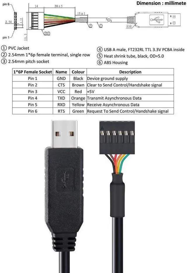 Alt view image 2 of 5 - BONAEVER FTDI USB to TTL Serial 3.3V Adapter Cable 6 Pin 0.1 inch Pitch Female Socket Header UART IC FT232RL Chip Windows 11 10 8 7 Linux - 6 feet