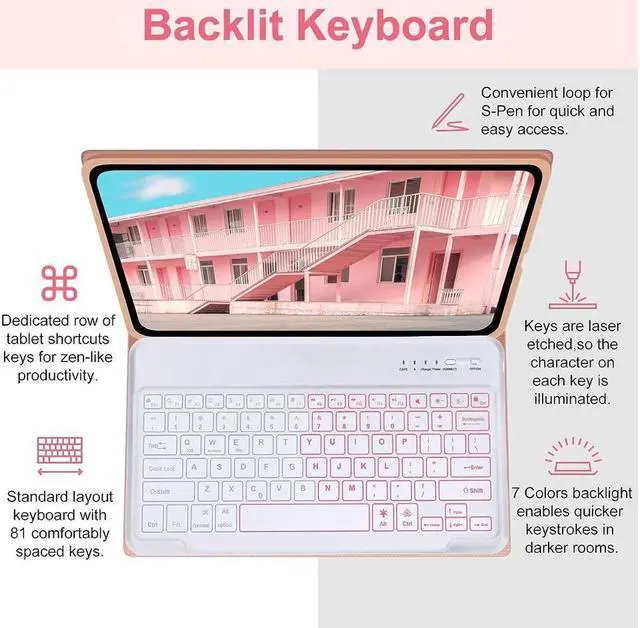 Alt view image 6 of 7 - BONAEVER Keyboard Case with Mouse Combo for Samsung Galaxy Tab S10 Plus / S9 Plus / S9 FE Plus / S8 Plus 12.4 inch Smart Folio Cover with 7 Colors Backlit Magnetic Wireless Keyboard