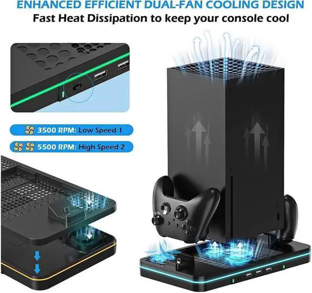 Alt view image 5 of 7 - Cooling Fan for Xbox Series X/S, Controller Charging Station with 2 X 1100 mAh Rechargeable Battery Packs, Cooling Stand Dual Controller Charging Dock with RGB LED Light, 3 USB Ports for Xbox Series X