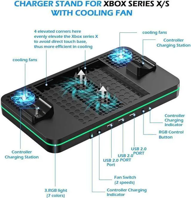 Alt view image 2 of 7 - Cooling Fan for Xbox Series X/S, Controller Charging Station with 2 X 1100 mAh Rechargeable Battery Packs, Cooling Stand Dual Controller Charging Dock with RGB LED Light, 3 USB Ports for Xbox Series X