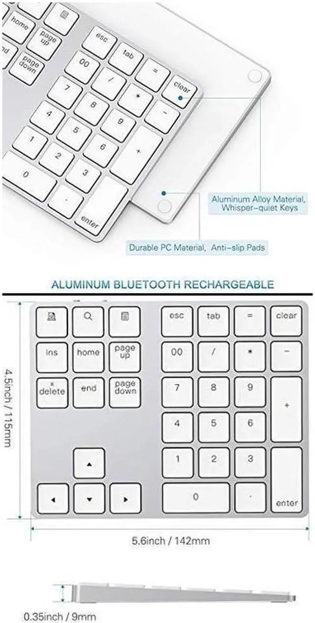 Alt view image 6 of 7 - Bluetooth Number Pad, Aluminum Rechargeable Wireless Numeric Keypad Slim 34-Keys External Numpad Keyboard Data Entry Compatible for Macbook, MacBook Air/Pro, iMac Windows Laptop Surface Pro etc White