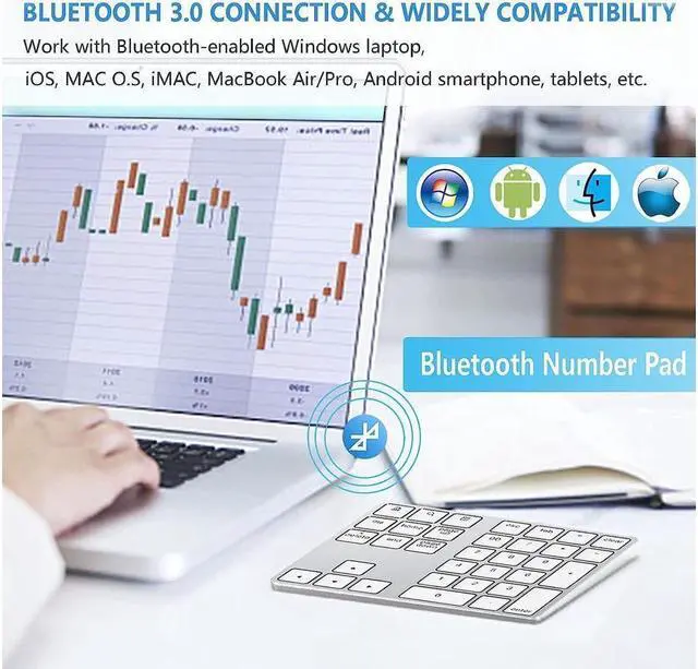 Alt view image 3 of 7 - Bluetooth Number Pad, Aluminum Rechargeable Wireless Numeric Keypad Slim 34-Keys External Numpad Keyboard Data Entry Compatible for Macbook, MacBook Air/Pro, iMac Windows Laptop Surface Pro etc White