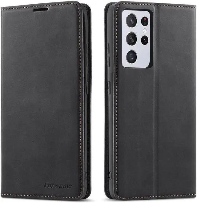 Main image of BONAEVER For Samsung Galaxy S21 Ultra 6.8 Inch Case PU Leather Cover TPU Bumper with Card Holder Stand and Magnetic Shockproof Flip Wallet Cover Black