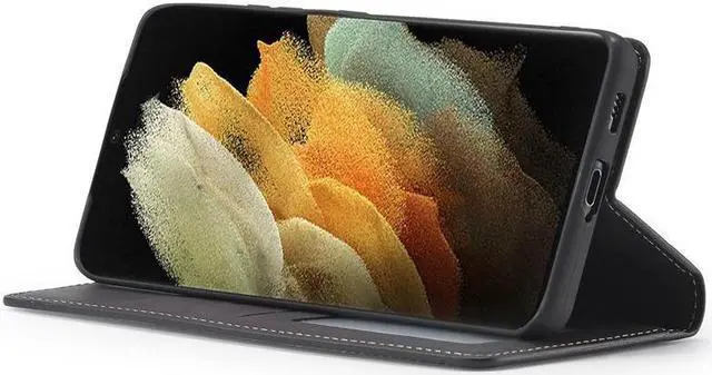 Alt view image 3 of 5 - BONAEVER For Samsung Galaxy S21 Ultra 6.8 Inch Case PU Leather Cover TPU Bumper with Card Holder Stand and Magnetic Shockproof Flip Wallet Cover Black