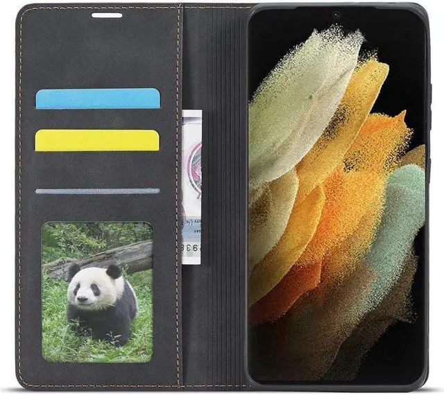 Alt view image 2 of 5 - BONAEVER For Samsung Galaxy S21 Ultra 6.8 Inch Case PU Leather Cover TPU Bumper with Card Holder Stand and Magnetic Shockproof Flip Wallet Cover Black
