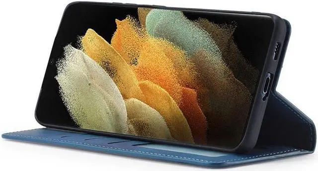 Alt view image 2 of 6 - BONAEVER For Samsung Galaxy S21 Ultra 6.8 Inch Case PU Leather Cover TPU Bumper with Card Holder Stand and Magnetic Shockproof Flip Wallet Cover Blue
