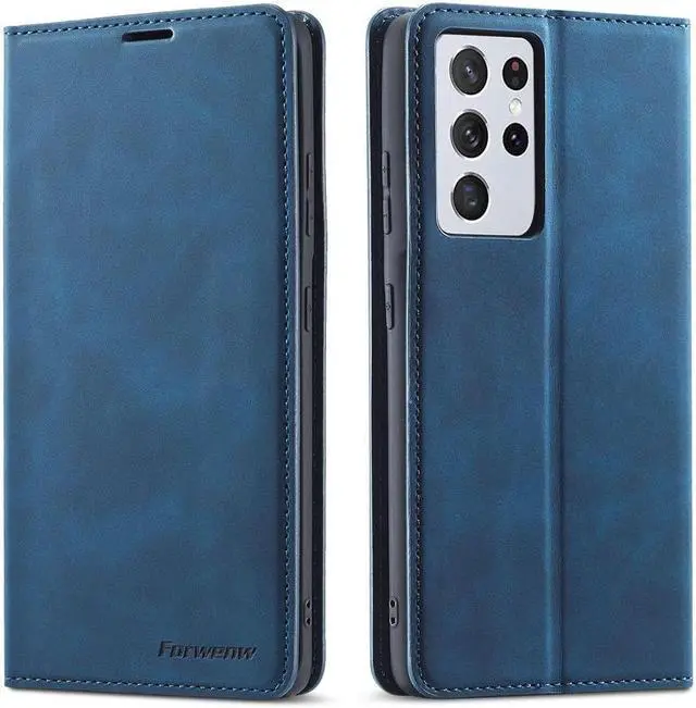 Main image of BONAEVER For Samsung Galaxy S21 Ultra 6.8 Inch Case PU Leather Cover TPU Bumper with Card Holder Stand and Magnetic Shockproof Flip Wallet Cover Blue