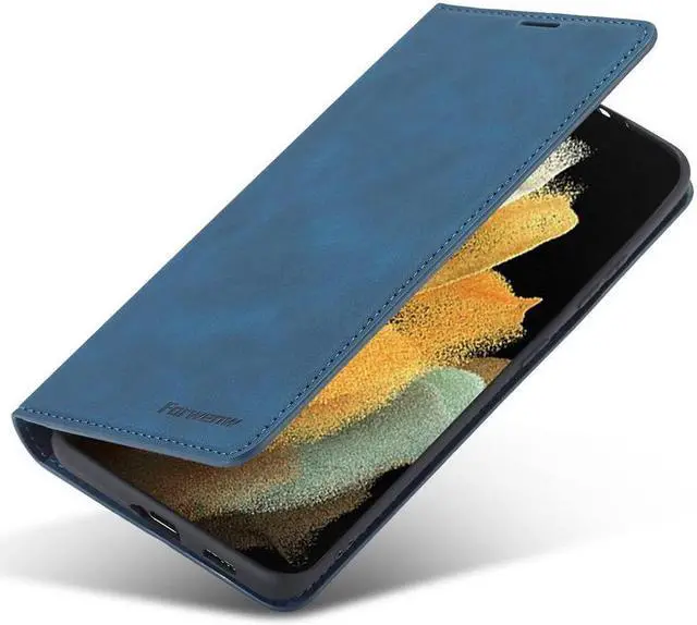 Alt view image 4 of 6 - BONAEVER For Samsung Galaxy S21 Ultra 6.8 Inch Case PU Leather Cover TPU Bumper with Card Holder Stand and Magnetic Shockproof Flip Wallet Cover Blue