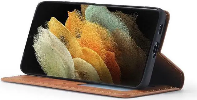 Alt view image 3 of 7 - BONAEVER For Samsung Galaxy S21 Ultra 6.8 Inch Case PU Leather Cover TPU Bumper with Card Holder Stand and Magnetic Shockproof Flip Wallet Cover Brown