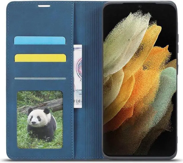 Alt view image 5 of 6 - BONAEVER For Samsung Galaxy S21 Ultra 6.8 Inch Case PU Leather Cover TPU Bumper with Card Holder Stand and Magnetic Shockproof Flip Wallet Cover Blue