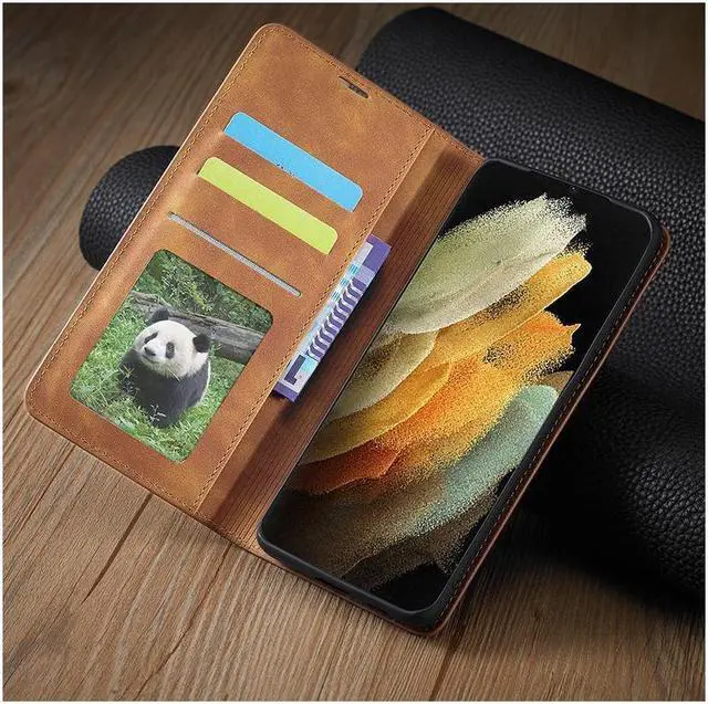 Alt view image 5 of 7 - BONAEVER For Samsung Galaxy S21 Ultra 6.8 Inch Case PU Leather Cover TPU Bumper with Card Holder Stand and Magnetic Shockproof Flip Wallet Cover Brown