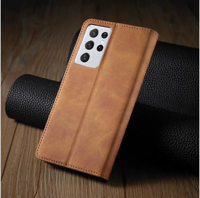 Alt view image 6 of 7 - BONAEVER For Samsung Galaxy S21 Ultra 6.8 Inch Case PU Leather Cover TPU Bumper with Card Holder Stand and Magnetic Shockproof Flip Wallet Cover Brown
