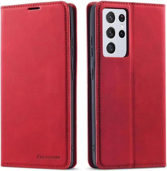 Main image of BONAEVER For Samsung Galaxy S21 Ultra 6.8 Inch Case PU Leather Cover TPU Bumper with Card Holder Stand and Magnetic Shockproof Flip Wallet Cover Red