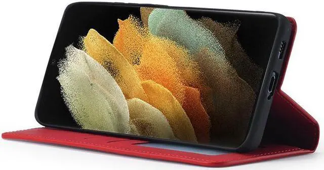 Alt view image 2 of 6 - BONAEVER For Samsung Galaxy S21 Ultra 6.8 Inch Case PU Leather Cover TPU Bumper with Card Holder Stand and Magnetic Shockproof Flip Wallet Cover Red