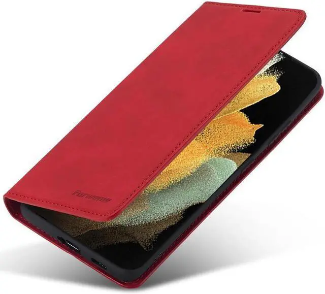 Alt view image 3 of 6 - BONAEVER For Samsung Galaxy S21 Ultra 6.8 Inch Case PU Leather Cover TPU Bumper with Card Holder Stand and Magnetic Shockproof Flip Wallet Cover Red