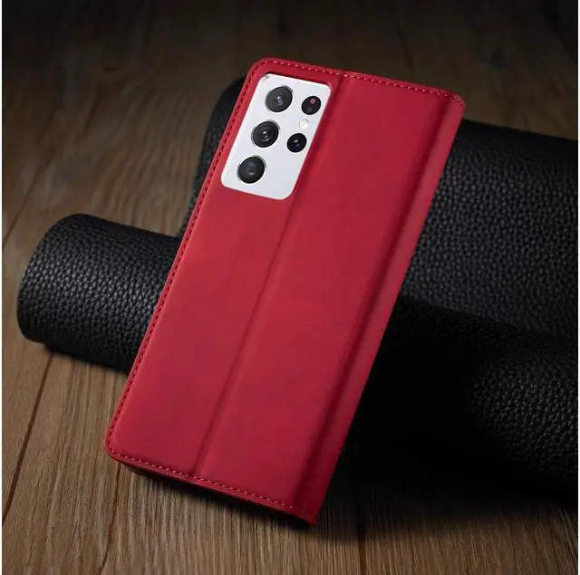 Alt view image 4 of 6 - BONAEVER For Samsung Galaxy S21 Ultra 6.8 Inch Case PU Leather Cover TPU Bumper with Card Holder Stand and Magnetic Shockproof Flip Wallet Cover Red