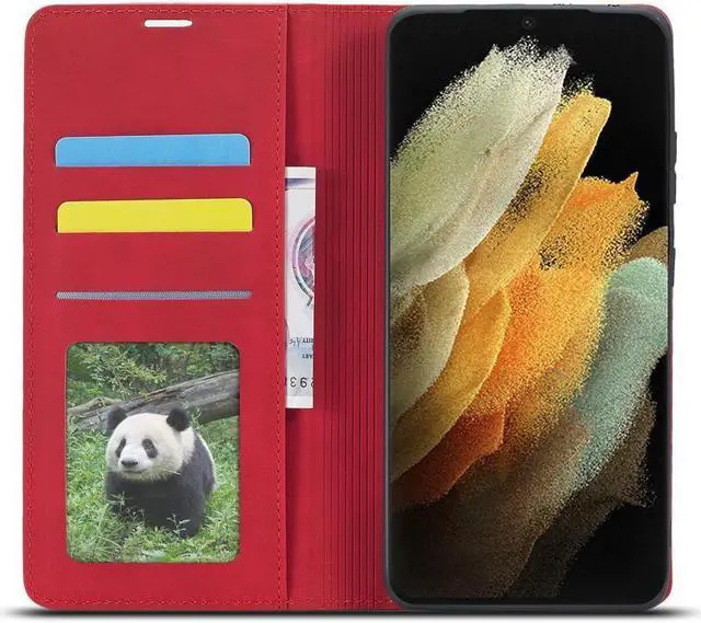 Alt view image 5 of 6 - BONAEVER For Samsung Galaxy S21 Ultra 6.8 Inch Case PU Leather Cover TPU Bumper with Card Holder Stand and Magnetic Shockproof Flip Wallet Cover Red
