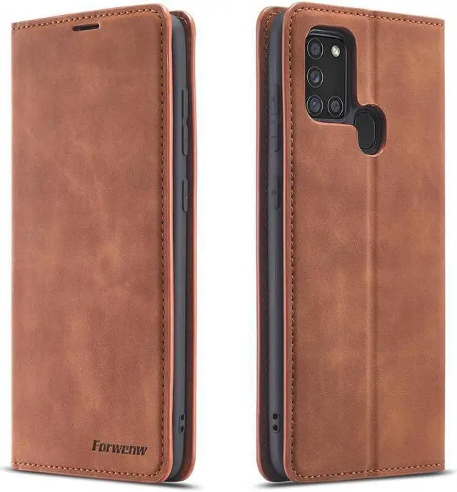 Main image of BONAEVER For Samsung Galaxy A21S Case Premium PU Leather Cover TPU Bumper with Card Holder Stand andidden Magnetic Shockproof Flip Wallet Case