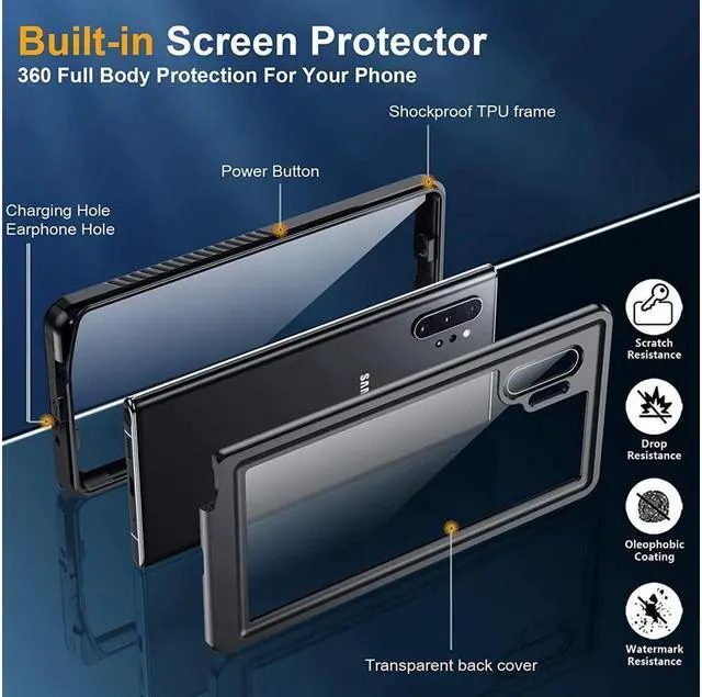 Alt view image 4 of 7 - BONAEVER For Galaxy Note 10+ Plus Case Built-in Screen Protector IP68 Waterproof Shockproof Protective Cover for Samsung Galaxy Note 10+ / Note 10+ 5G