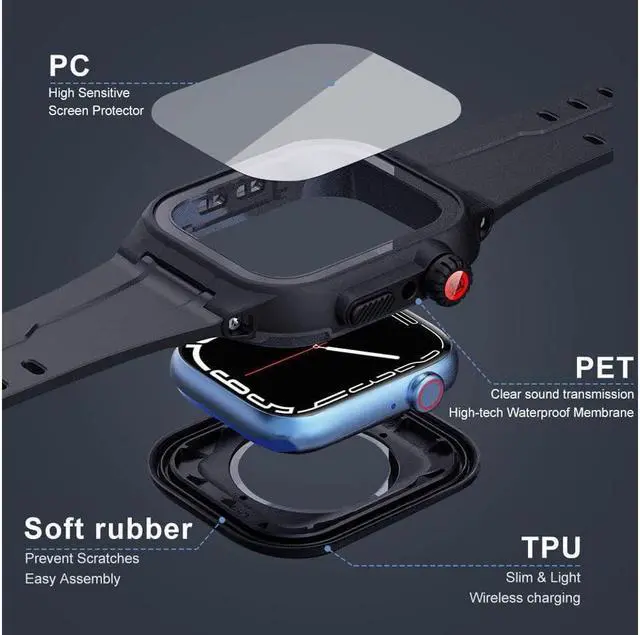Alt view image 4 of 7 - BONAEVER Compatible with Apple Watch Series 8 / Series 7 41mm Waterproof Case Protective Cover with Screen Protector B For iWatch S8 S7 41mm