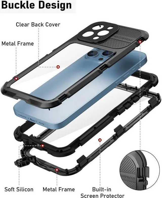 Alt view image 4 of 7 - BONAEVER For iPhone 13 Pro 6.1 inch Waterproof Metal Case - Built-in [Screen Protector][15FT Military Grade Shockproof][IP68 Water Proof] Aluminum Protective Dropproof Cover
