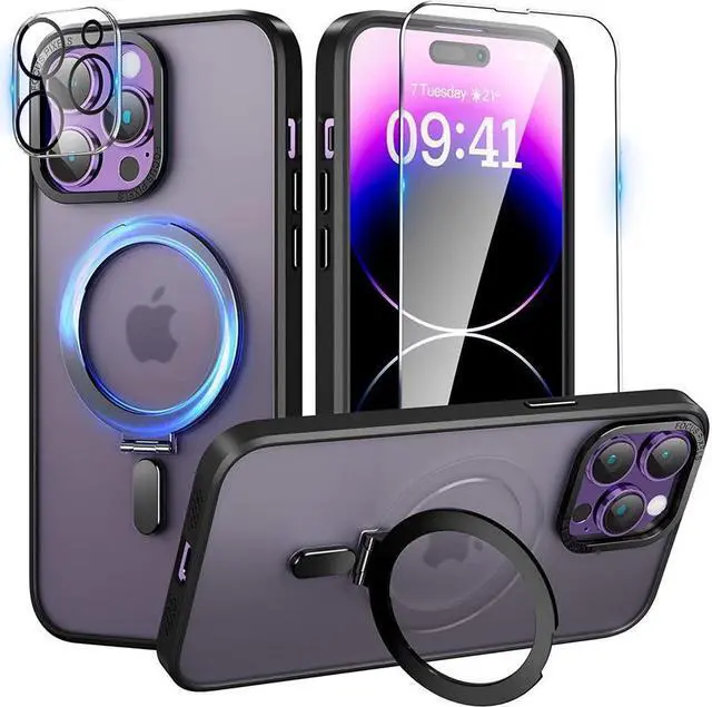 Main image of For iPhone 14 Pro Case with Magnetic Invisible Stand [Compatible with Magsafe] [Tempered Glass Screen Protector + Camera Lens Protector] Shockproof Slim Translucent Matte Cases for iPhone 14 Pro 6.1"