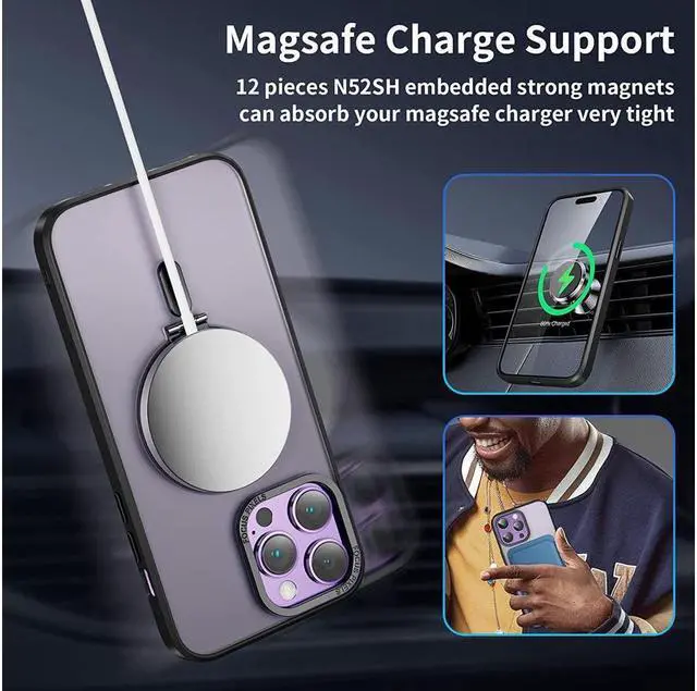 Alt view image 4 of 7 - For iPhone 14 Pro Case with Magnetic Invisible Stand [Compatible with Magsafe] [Tempered Glass Screen Protector + Camera Lens Protector] Shockproof Slim Translucent Matte Cases for iPhone 14 Pro 6.1"