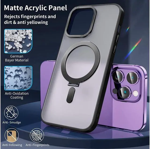 Alt view image 5 of 7 - For iPhone 14 Pro Case with Magnetic Invisible Stand [Compatible with Magsafe] [Tempered Glass Screen Protector + Camera Lens Protector] Shockproof Slim Translucent Matte Cases for iPhone 14 Pro 6.1"