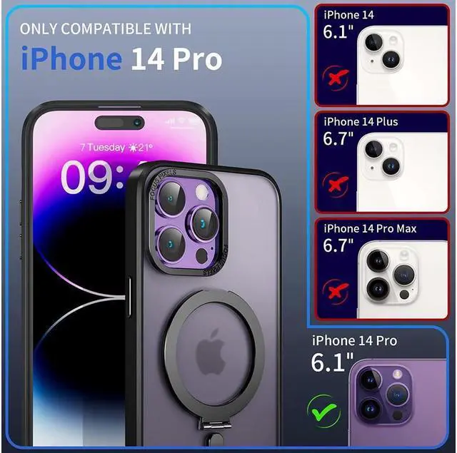 Alt view image 2 of 7 - For iPhone 14 Pro Case with Magnetic Invisible Stand [Compatible with Magsafe] [Tempered Glass Screen Protector + Camera Lens Protector] Shockproof Slim Translucent Matte Cases for iPhone 14 Pro 6.1"