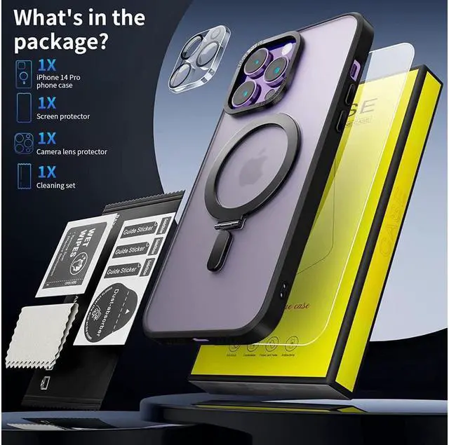 Alt view image 7 of 7 - For iPhone 14 Pro Case with Magnetic Invisible Stand [Compatible with Magsafe] [Tempered Glass Screen Protector + Camera Lens Protector] Shockproof Slim Translucent Matte Cases for iPhone 14 Pro 6.1"