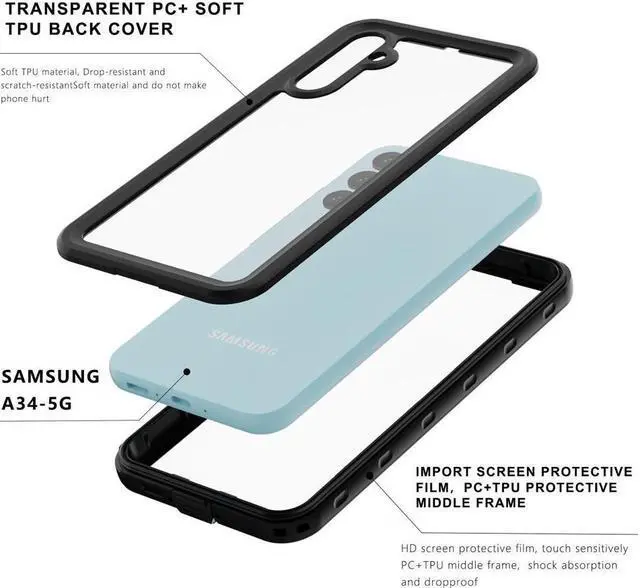 Alt view image 4 of 7 - BONAEVER Compatible for Samsung Galaxy A34 5G Case Waterproof Built-in HD Clear Screen Protector 360 Degree Full Shockproof Bumper Professional Waterproof Case Cover for Galaxy A34 5G 2023