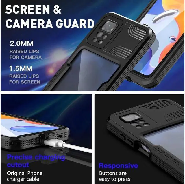 Alt view image 3 of 7 - BONAEVER For Xiaomi RedMi Note 11 Pro 4G / 5G Waterproof Case [Fingerprint Unlock] IP68 Certified Rugged Underwater Du Standproof Shockproof Protective Cover with Screen Protector Wri Stand Strap