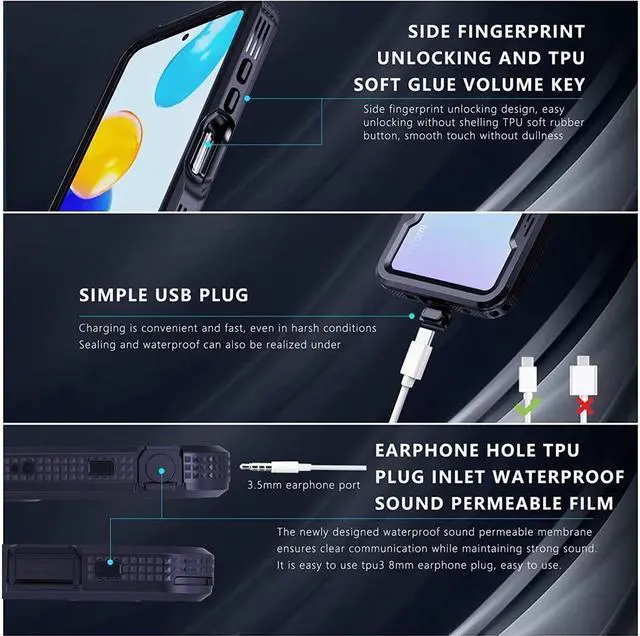 Alt view image 5 of 7 - BONAEVER For Xiaomi RedMi Note 11/Note 11S Waterproof Case [Fingerprint Unlock] IP68 Certified Rugged Underwater Du Standproof Shockproof Protective Case with Screen Protector Wri Stand Strap Black