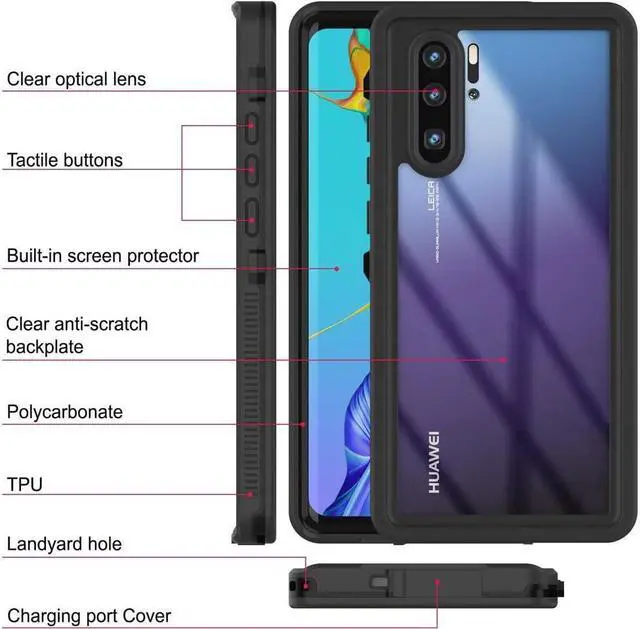 Alt view image 7 of 7 - BONAEVER Huawei P30 Pro Waterproof Case [ Standud Standar Series] [Slim Fit] [IP68 Certified] [Shockproof] [Dirtproof] [Snowproof] Armor Cover Compatible with Huawei P30 Pro Black