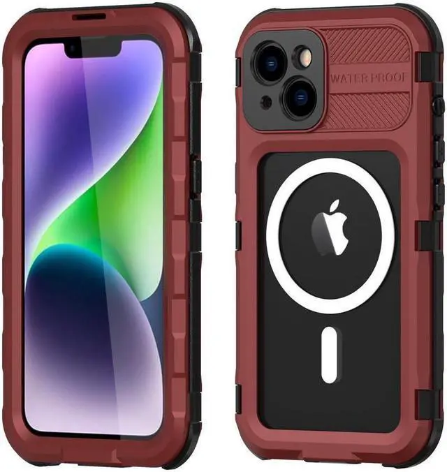 Main image of BONAEVER For iPhone 14 6.1 inch Waterproof Case MagSafe Compatible Built-in Screen Protector IP68 Underwater Du Standproof 360 Shockproof Protective Cover Red