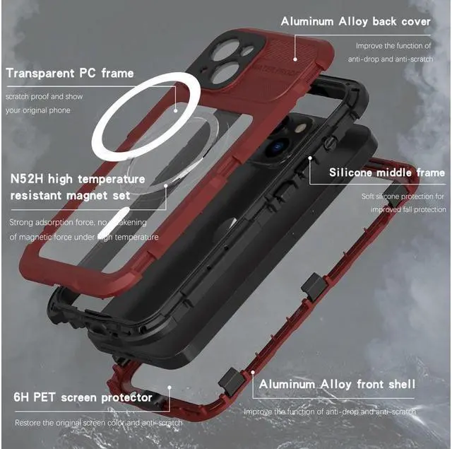 Alt view image 2 of 7 - BONAEVER For iPhone 14 6.1 inch Waterproof Case MagSafe Compatible Built-in Screen Protector IP68 Underwater Du Standproof 360 Shockproof Protective Cover Red