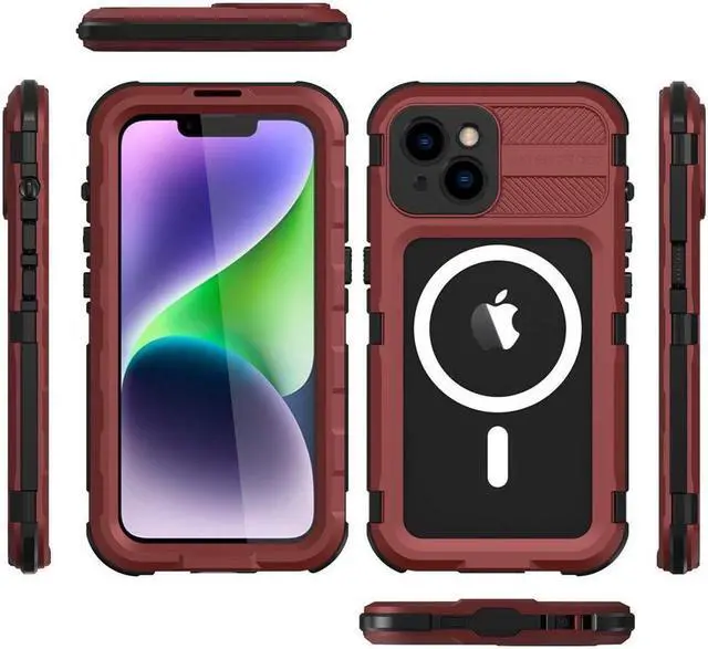 Alt view image 3 of 7 - BONAEVER For iPhone 14 6.1 inch Waterproof Case MagSafe Compatible Built-in Screen Protector IP68 Underwater Du Standproof 360 Shockproof Protective Cover Red