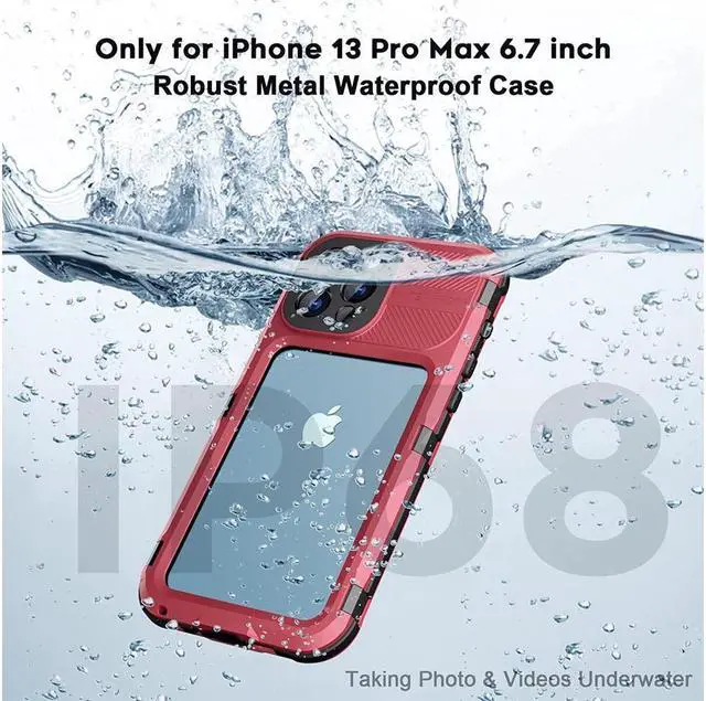 Alt view image 2 of 7 - BONAEVER For iPhone 13 Pro Max 6.7 inch Waterproof Metal Case - Built-in [Screen Protector][15FT Military Grade Shockproof][IP68 Water Proof] Aluminum Protective Dropproof Cover Red