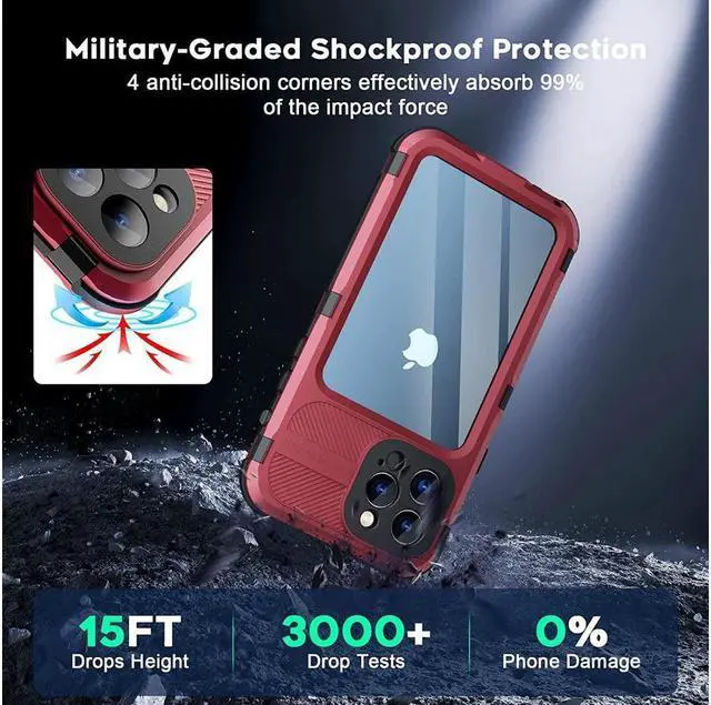 Alt view image 5 of 7 - BONAEVER For iPhone 13 Pro Max 6.7 inch Waterproof Metal Case - Built-in [Screen Protector][15FT Military Grade Shockproof][IP68 Water Proof] Aluminum Protective Dropproof Cover Red