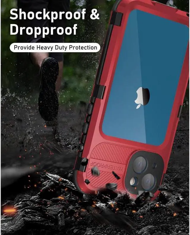 Alt view image 3 of 7 - BONAEVER For iPhone 13 Waterproof Metal Case with Built-in Screen Protector [15FT Military Grade Shockproof][IP68 Water Proof] Aluminum Protective Drop Protection Cover for iPhone 13 6.1 inch Red