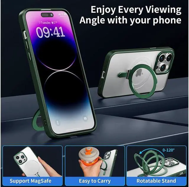 Alt view image 3 of 6 - For iPhone 14 Pro Case with Magnetic Invisible Stand [Compatible with Magsafe] [Tempered Glass Screen Protector + Camera Lens Protector] Shockproof Slim Translucent Matte Cases for iPhone 14 Pro 6.1"