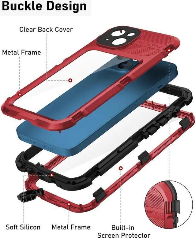 Alt view image 4 of 7 - BONAEVER For iPhone 13 Waterproof Metal Case with Built-in Screen Protector [15FT Military Grade Shockproof][IP68 Water Proof] Aluminum Protective Drop Protection Cover for iPhone 13 6.1 inch Red